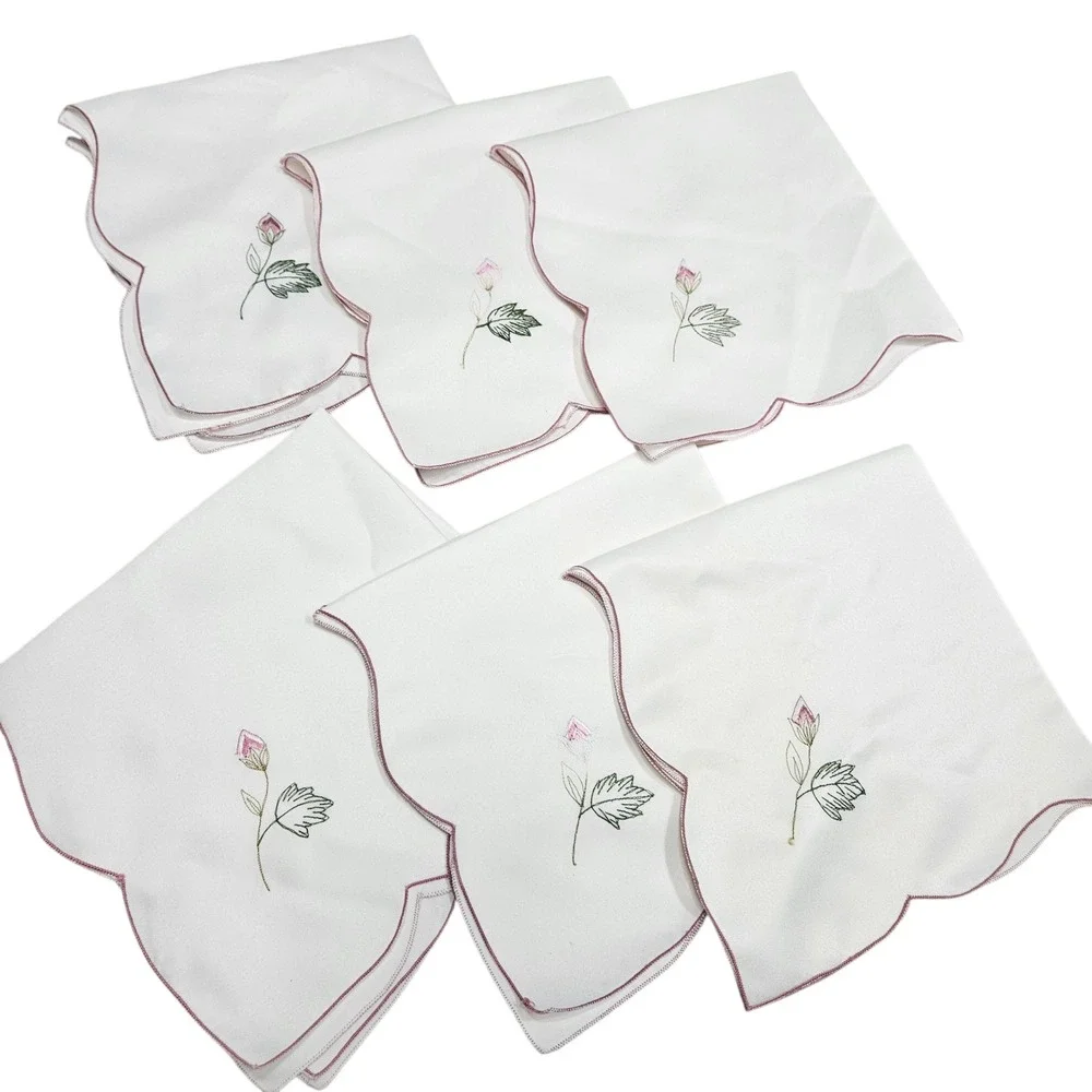 Vintage Embroidered Rose Satin Cloth Napkins Set 6 Scalloped Edges Dinner Party